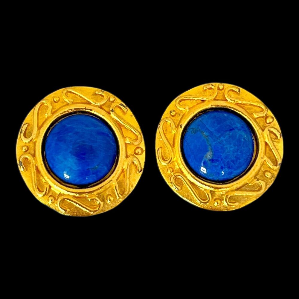 Vintage 1980s Linda Levinson Clip Earrings Blue Cabochon Gold Tone - 4J